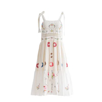 Sugar Cream Vintage Women's White Re-design Upcycled Cotton Floral Harmony Midi Dress