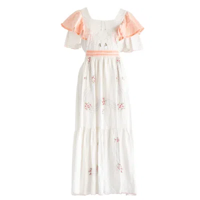 Sugar Cream Vintage Women's White Re-design Upcycled Lace Detailed Peach Floral Embroidery Maxi Dress
