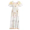 Sugar Cream Vintage Women's White Re-design Upcycled Pink Daisy & Rose Embroidery Maxi Dress In White
