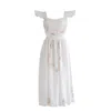 Sugar Cream Vintage Women's White Re-design Upcycled Pink Lily Embroidered Midi Dress In White