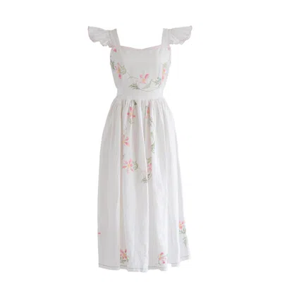 Sugar Cream Vintage Women's White Re-design Upcycled Pink Lily Embroidered Midi Dress