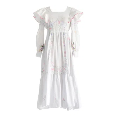 Sugar Cream Vintage Women's White Re-design Upcycled Square Neck Cuff Sleeved Floral Maxi Dress