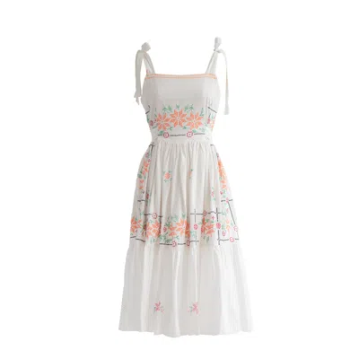 Sugar Cream Vintage Women's White Re-design Upcycled Sunflower Embroidery Cross Stitch Midi Dress