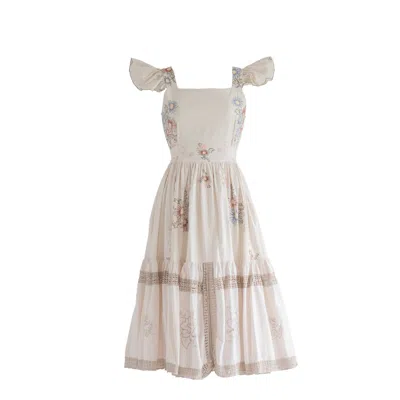 Sugar Cream Vintage Women's White Re-designed Upcycled Cotton Chic Cap Sleeves Blue Red Midi Dress