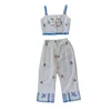 Sugar Cream Vintage Women's White Summer Blue Embroidered Floral Crop Top With Straps & Pant Set In White
