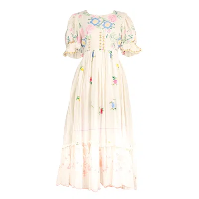 Sugar Cream Vintage Women's White Upcycled Embroidered Vintage Linen Cotton Dress With Round Neck