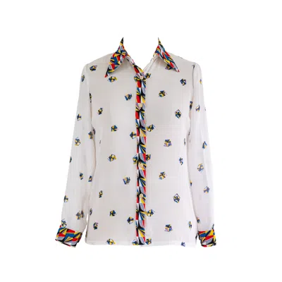 Sugar Cream Vintage Women's White Vintage Chiffon Nautical Print Full Sleeved Blouse