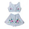 Sugar Cream Vintage Women's White Vintage Hand Embroidered Crop Top & Shorts Set In Vibrant Floral Print In White