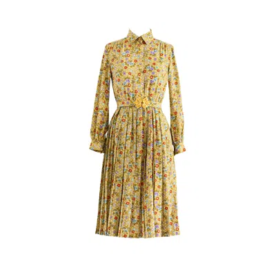 Sugar Cream Vintage Women's Yellow / Orange Vintage Chiffon Yellow Floral Print Collared Midi Dress In Yellow/orange