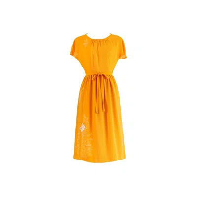 Sugar Cream Vintage Women's Yellow / Orange Vintage Orange Chiffon Round Neck Floral Print Midi Dress In Yellow/orange