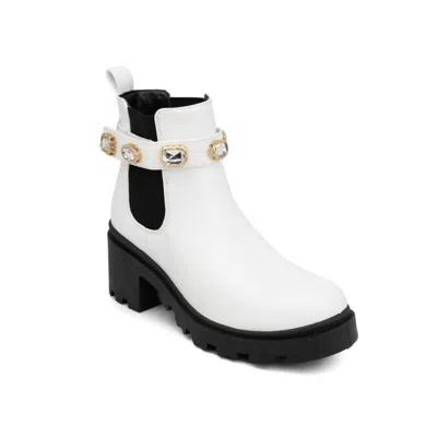 SUGAR FAVORITE BOOTS WOMEN'S WHITE RHINESTONES ANKLE PLATFORM BOOTIE JOBB513