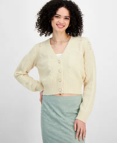 Sugar Moon Juniors' Cable-knit Bling-button Cardigan Sweater In Irish Cream