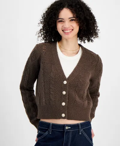 Sugar Moon Juniors' Cable-knit Bling-button Cardigan Sweater In Mocha Plum