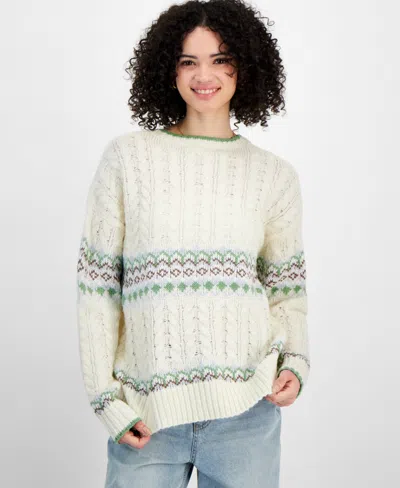 Sugar Moon Juniors' Cable-knit Fair Isle Sweater In Green Stripe Combo