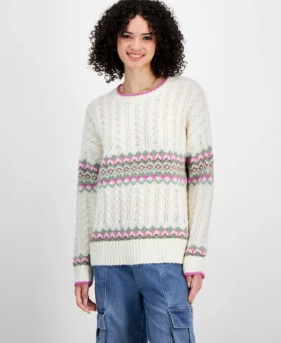 Sugar Moon Juniors' Cable-knit Fair Isle Sweater In Pink Stripe Combo