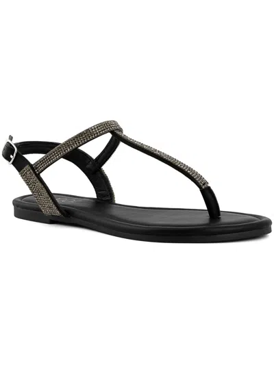 Sugar Pedra Womens Faux Leather Rhinestone T-strap Sandals In Black
