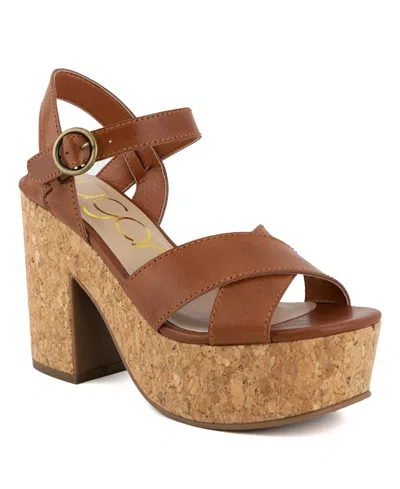 Sugar Lydia Womens Faux Leather Ankle Strap Platform Sandals In Cognac