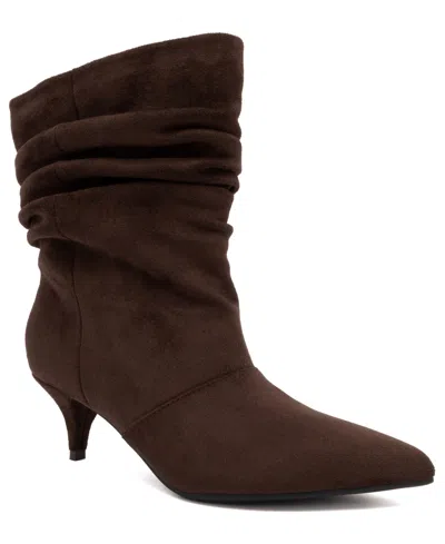 Sugar Women's Prentillie Kitten Heel Pointed Toe Slouch Faux Suede Ankle Booties In Brown