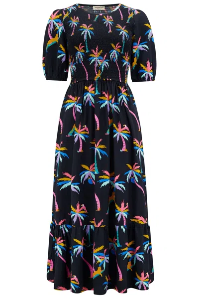 Sugarhill Brighton Women's Arabella Midi Shirred Dress Black, Rainbow Palms