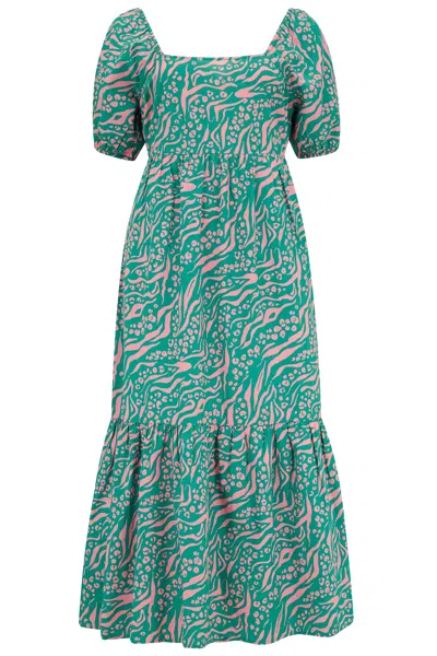 Sugarhill Brighton Women's Betsy Midi Smock Dress Green, Pink Animal Combo