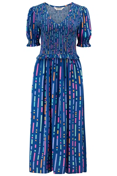 Sugarhill Brighton Women's Bettina Shirred Midi Dress Blue, Broken Lines