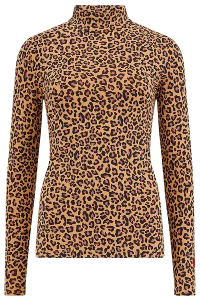 Sugarhill Brighton Women's Black / Brown Annika Turtleneck Jersey Top,  Tan, Classic Leopard, Heart In Multi