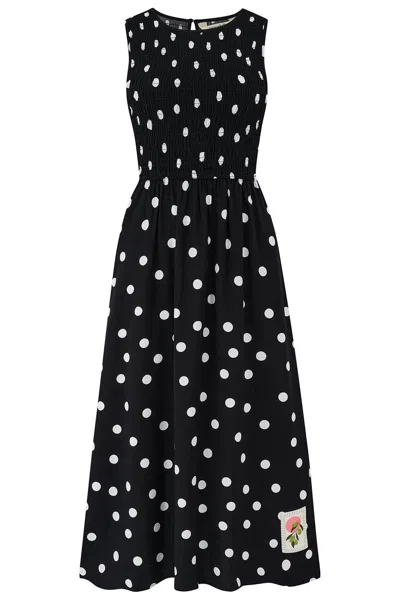 Sugarhill Brighton Women's Black Janice Shirred Midi Dress Monochrome, Polka Dot