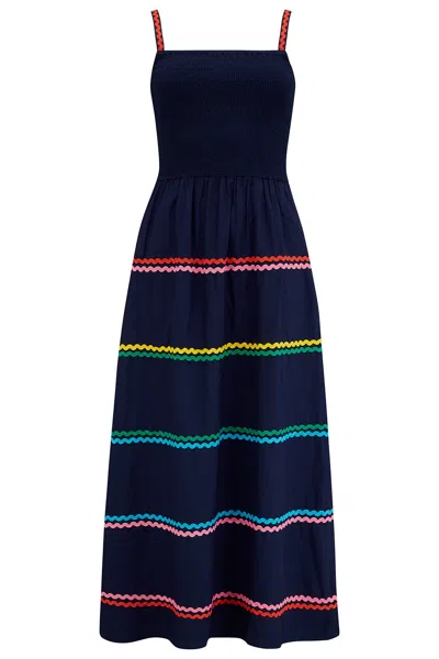 Sugarhill Brighton Women's Black Penrose Shirred Sundress Navy, Rainbow Ric Rac