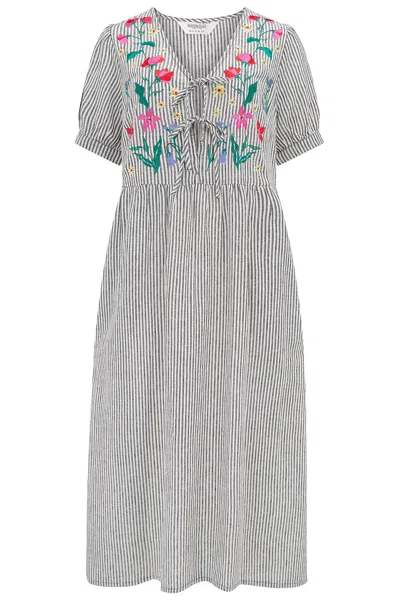 Sugarhill Brighton Women's Black / White Ruby Midi Smock Dress Monochrome Stripe, Garden Floral In Multi
