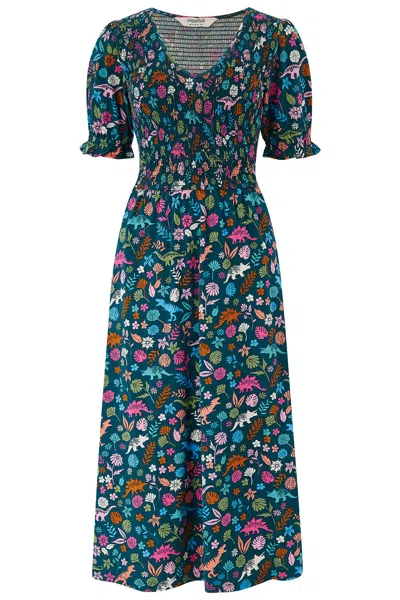 Sugarhill Brighton Women's Blue Daphne Shirred Jersey Midi Dress Teal, Multi, Hidden Dinosaur