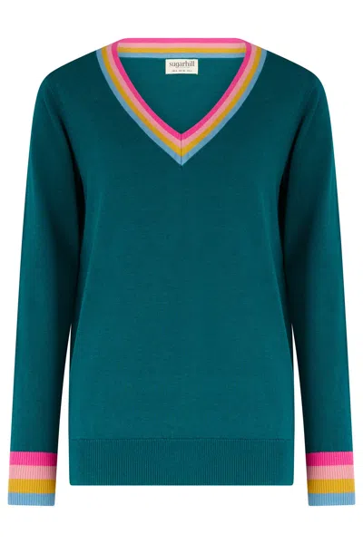 Sugarhill Brighton Women's Blue Doris V-neck Sweater Teal Rainbow Stripe