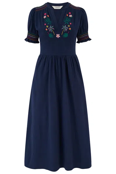 Sugarhill Brighton Women's Blue Esme Jersey Midi Dress Navy, Tropic Palm Embroidery