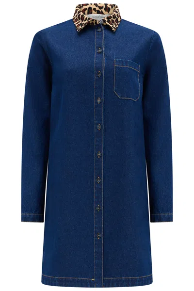 Sugarhill Brighton Women's Blue Ilsa Short Denim Shirt Dress Indigo Leopard