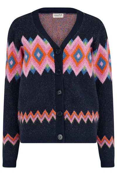 Sugarhill Brighton Women's Blue Izzy Cardigan Navy, Diamond Fairisle