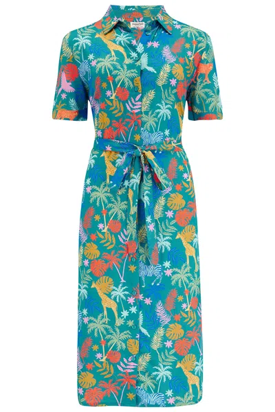 Sugarhill Brighton Women's Blue Justine Midi Shirt Dress Teal, Rainbow Jungle