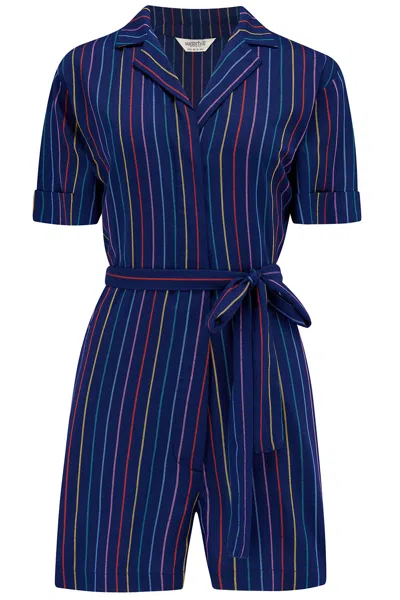 Sugarhill Brighton Women's Blue Kiki Playsuit Navy, Thin Rainbow Stripe