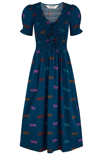 Sugarhill Brighton Women's Blue Lacy Shirred Midi Dress Petrol Navy Tiger