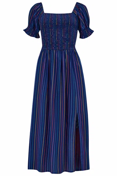 Sugarhill Brighton Women's Blue Marisol Shirred Midi Dress Navy, Thin Rainbow Stripe