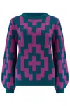 Sugarhill Brighton Women's Blue / Pink Essie Sweater Teal Pink, Folk Diamond In Blue