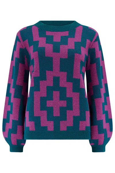 Sugarhill Brighton Women's Blue / Pink Essie Sweater Teal Pink, Folk Diamond