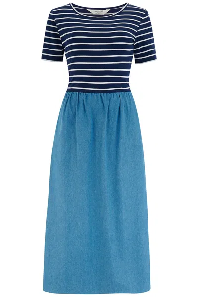 Sugarhill Brighton Women's Blue Rhian Jersey & Woven Mix Midi Dress Navy, Off White, Stripe & Denim