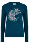 Sugarhill Brighton Women's Blue Rowena Sweater Teal, Sunbathing Kitty Cat In Blue