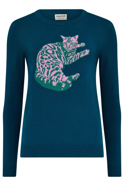 Sugarhill Brighton Women's Blue Rowena Sweater Teal, Sunbathing Kitty Cat