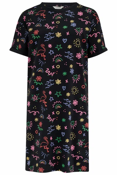 Sugarhill Brighton Women's Brandie T-shirt Dress Black, Flamingo Doodle