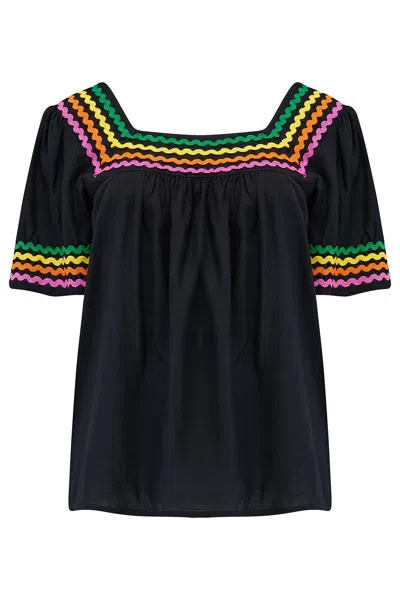 Sugarhill Brighton Women's Carmen Top Black, Rainbow Ric Rac