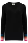 Sugarhill Brighton Women's Doris V Neck Sweater Black, Stripe Cuffs In Black