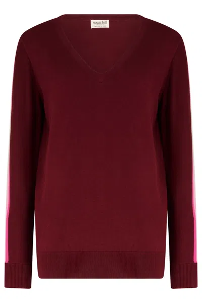 Sugarhill Brighton Women's Doris V-neck Sweater Burgundy Stripe In Red