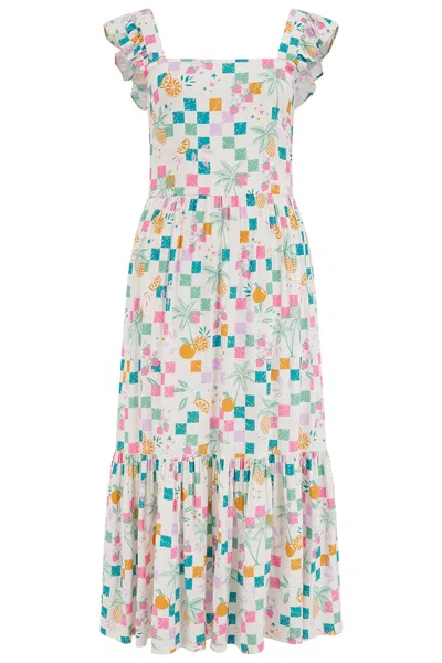 Sugarhill Brighton Women's Estelle Shirred Sundress Off White, Fruit Checkerboard