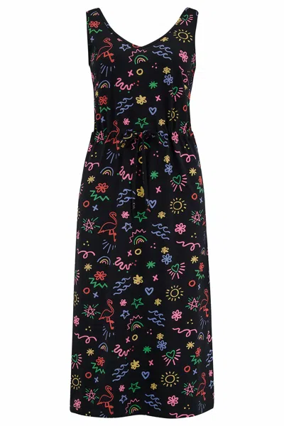 Sugarhill Brighton Women's Gilly Jersey Midi Dress Black, Flamingo Doodle