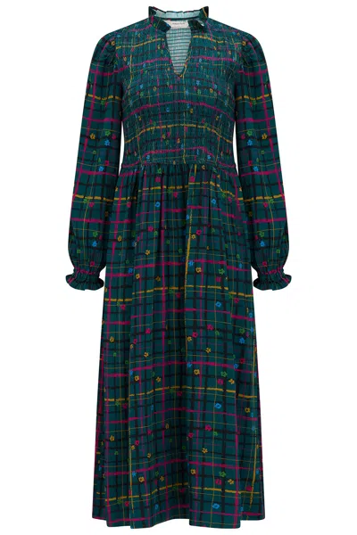 Sugarhill Brighton Women's Green Annalee Shirred Midi Dress Teal Check In Blue